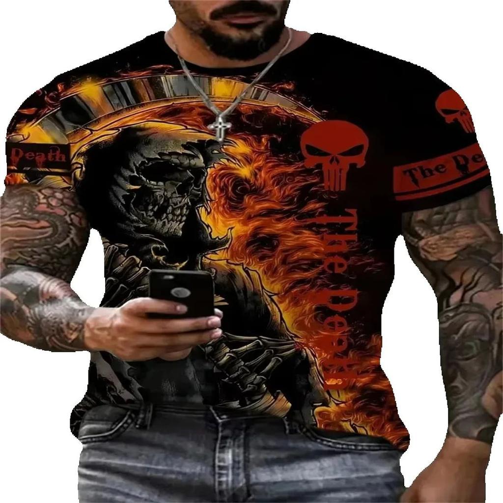 Summer Round Neck 3D Skull Print Top Fashionable Casual Terror Street Hip Hop Short Sleeved Men's T-shirts