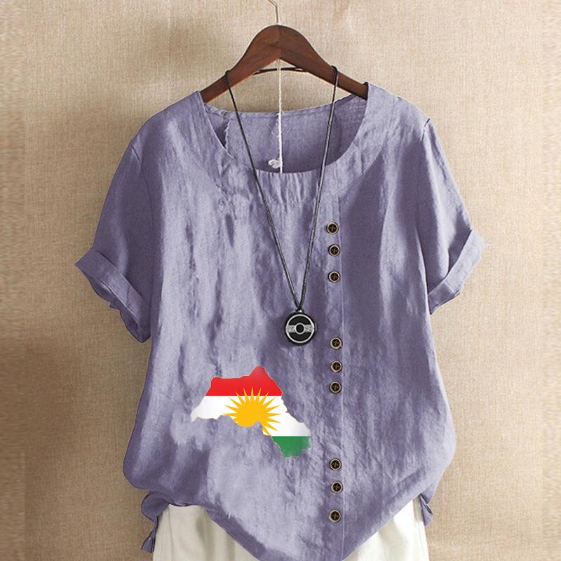 Women's New Fashion Linen Shirt Round Neck Short Sleeve Map Printed T-shirt Summer Ladies Casual Plus Size Blouse Tops
