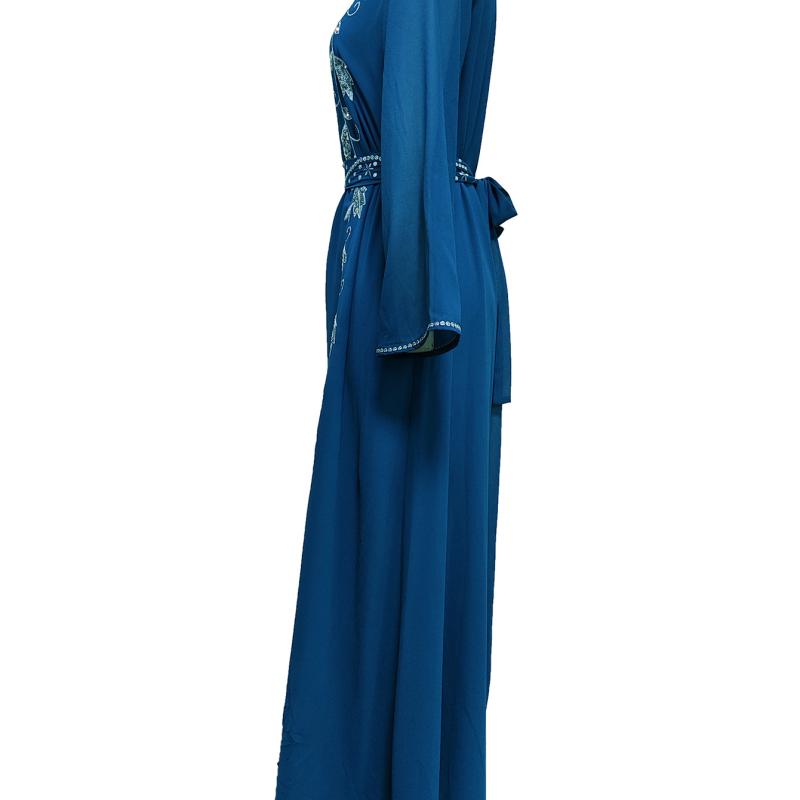 Luxury Women's Embroidered Dress for Muslim Parties, Waist Tied and Slim Fitting Long Style