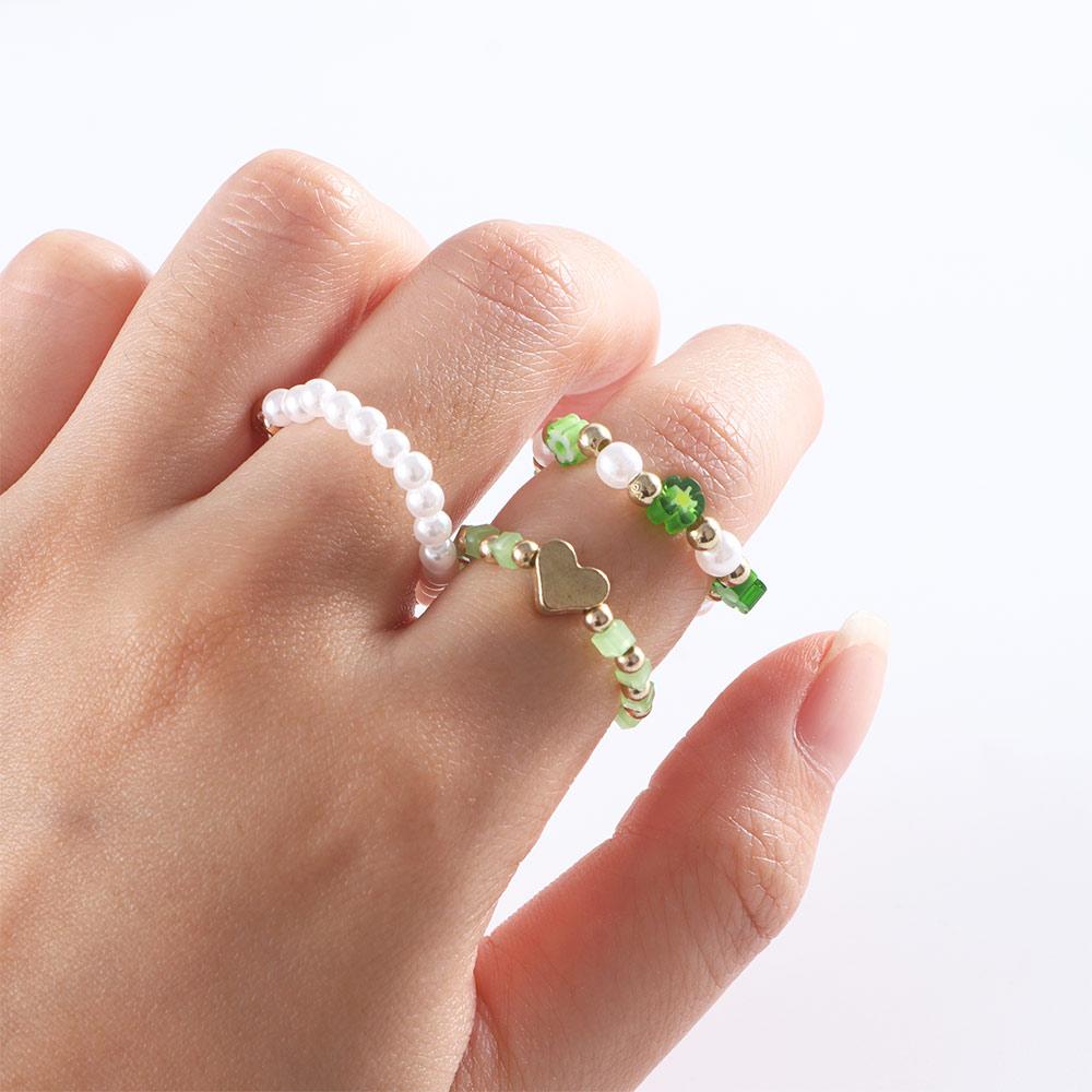 Cute Elastic Pearl Bohemia Love Heart Flower Party Jewelry Women Ring Finger Ring Set Beaded Rings