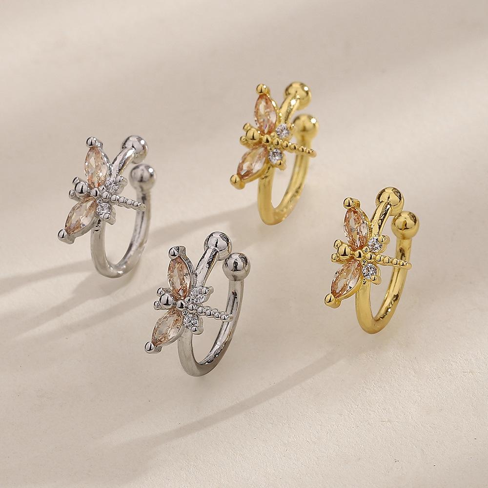 Diamond-Set Dragonfly Ear Clips, Healing System, Childlike, Insect Ear Bone Clips, Clip-Type Stud Earrings, Elf Earrings, No Earholes.