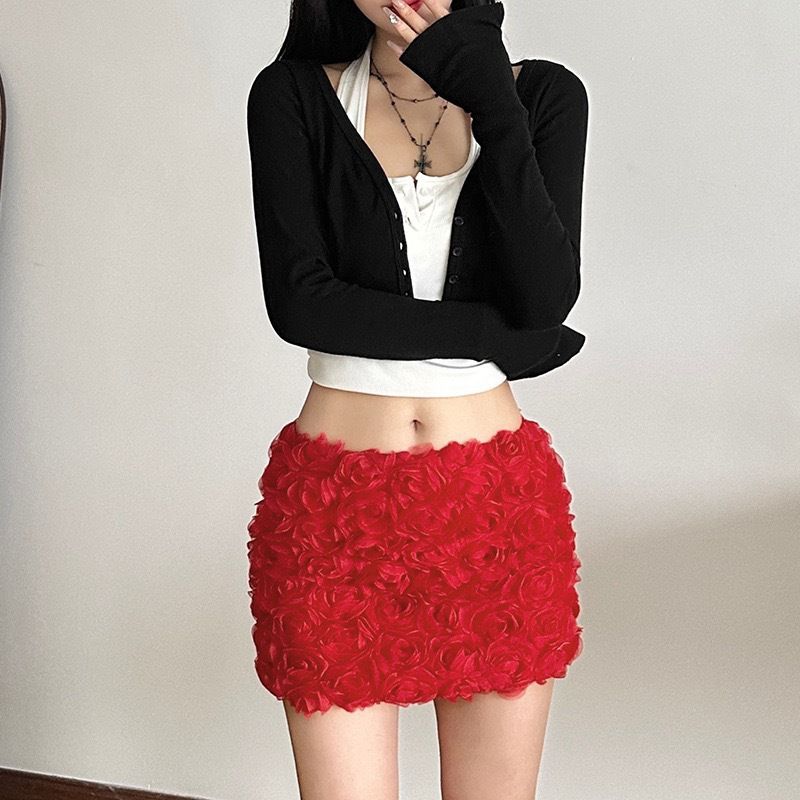 Летняя Новая Тяжелая Трехмерная Юбка-роза Мини с Высокой Талией Темпераментная Юбка Стройнящая Сказочная Юбка