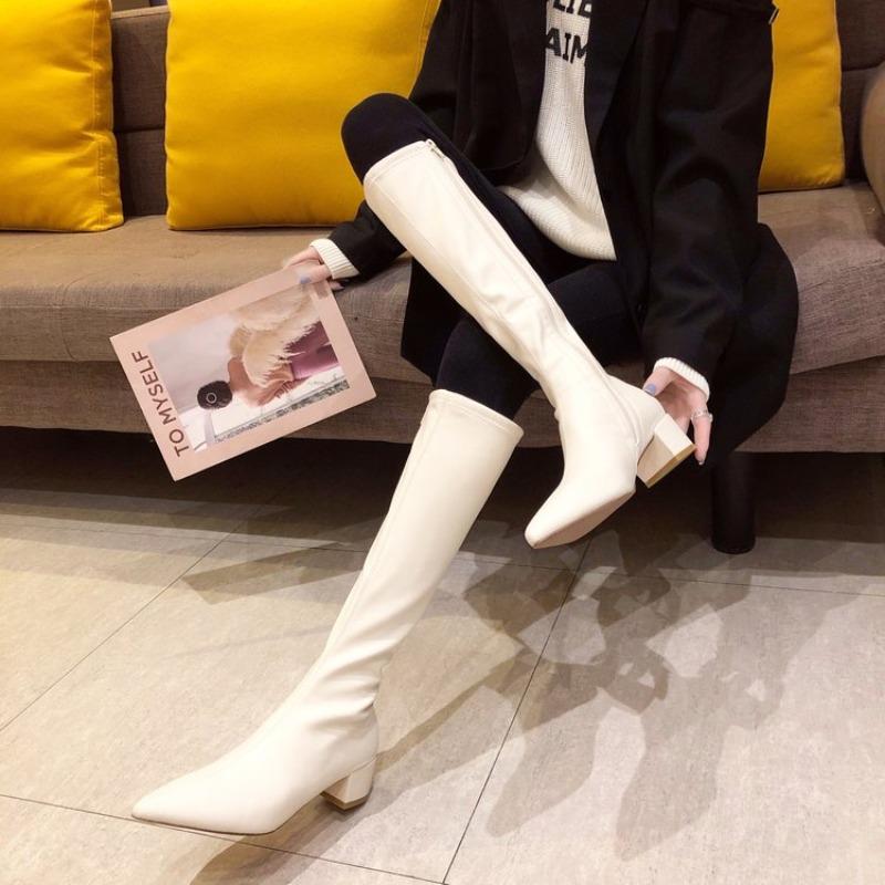 Осенне-зимние модные женские сапоги до колена с острым носком на толстом каблуке с острым носком на молнии женские высокие сапоги