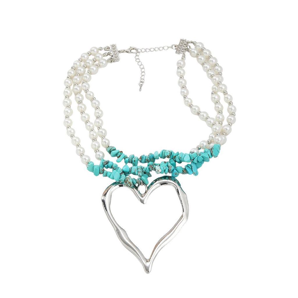 Крупное ожерелье в стиле бохо с имитацией жемчуга и бирюзы в форме сердца