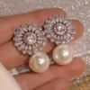 Copper Inlaid Zircon Baroque Flower Pearl Earrings for Brides and Evening Parties