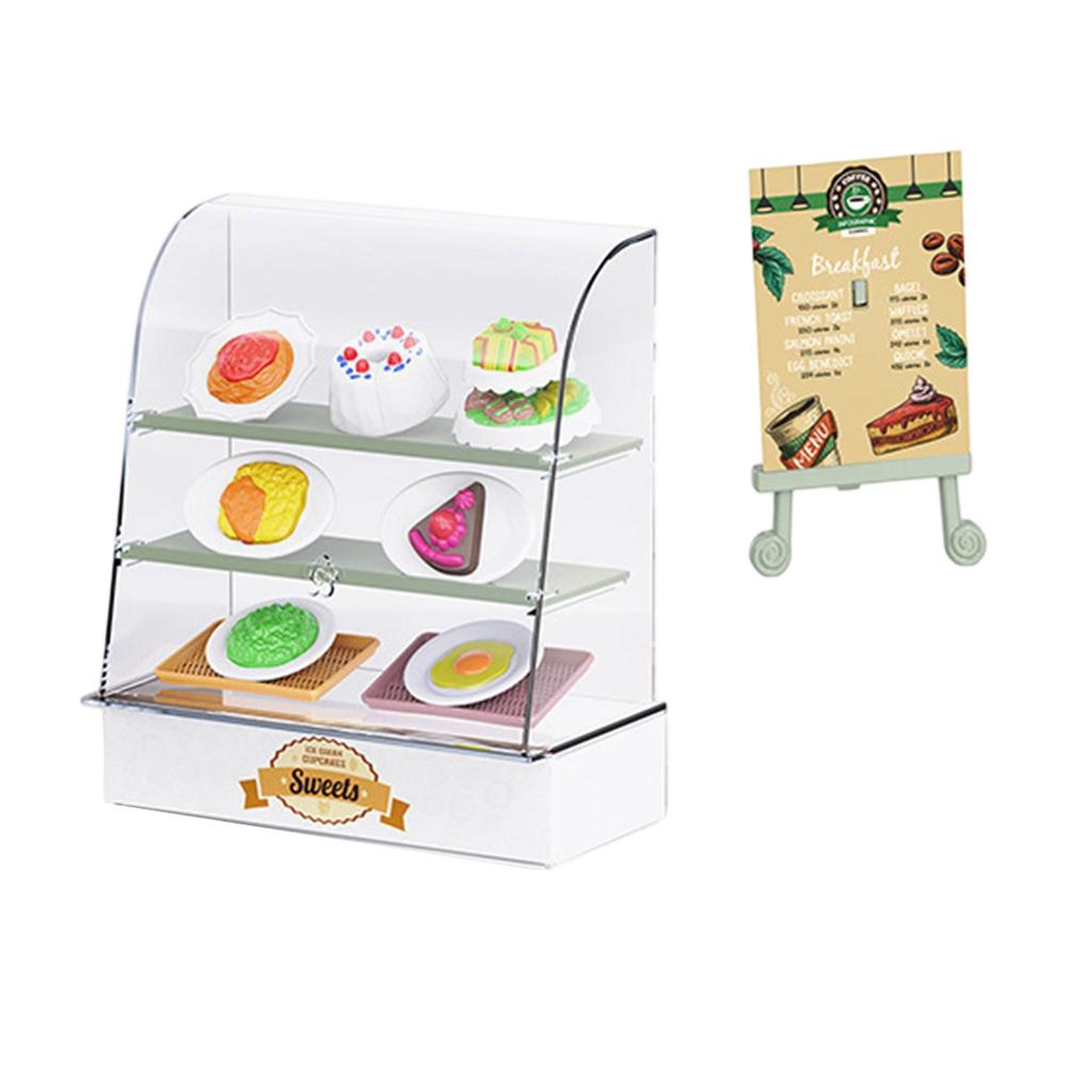 Miniature Bakery Display Case with Dessert Figurine Set for Dollhouse Bakery Store Display Kids Pretend Play Kitchen Toy