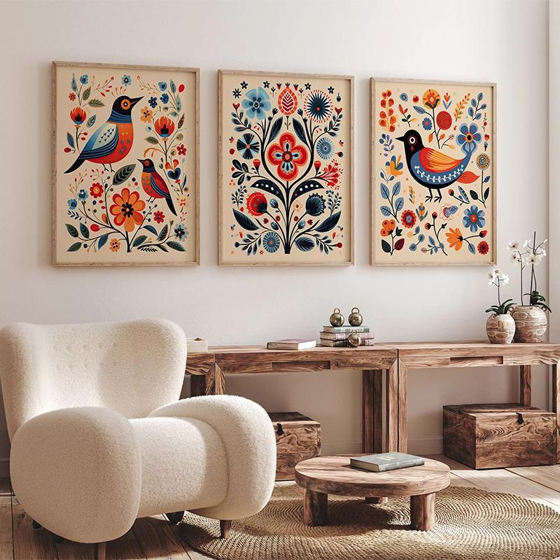 Норвежское народное искусство Цветочный постер с птицами Скандинавский принт Абстрактная картина на холсте Скандинавское настенное искусство Картина для гостиной Домашний декор