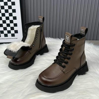 Зимние женские ботинки Толстые плюшевые теплые сноубутсы На шнуровке Ботильоны Модные повседневные кожаные ботинки для женщин Высокие хлопковые боты