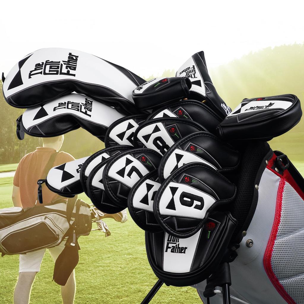 Golf Wood Cover Set of 3 (1FH) for DriverFairway WoodUtility Club Head Cover Black Synthetic Leather The Golf Father