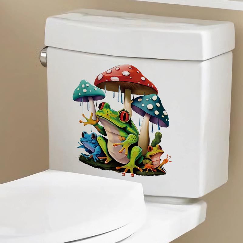 Cartoon Frog Stickers Waterproof Self Adhesive Toilet Decoration Anime Magic Mushroom Vinyl Tank Stickers for Bathroom Home