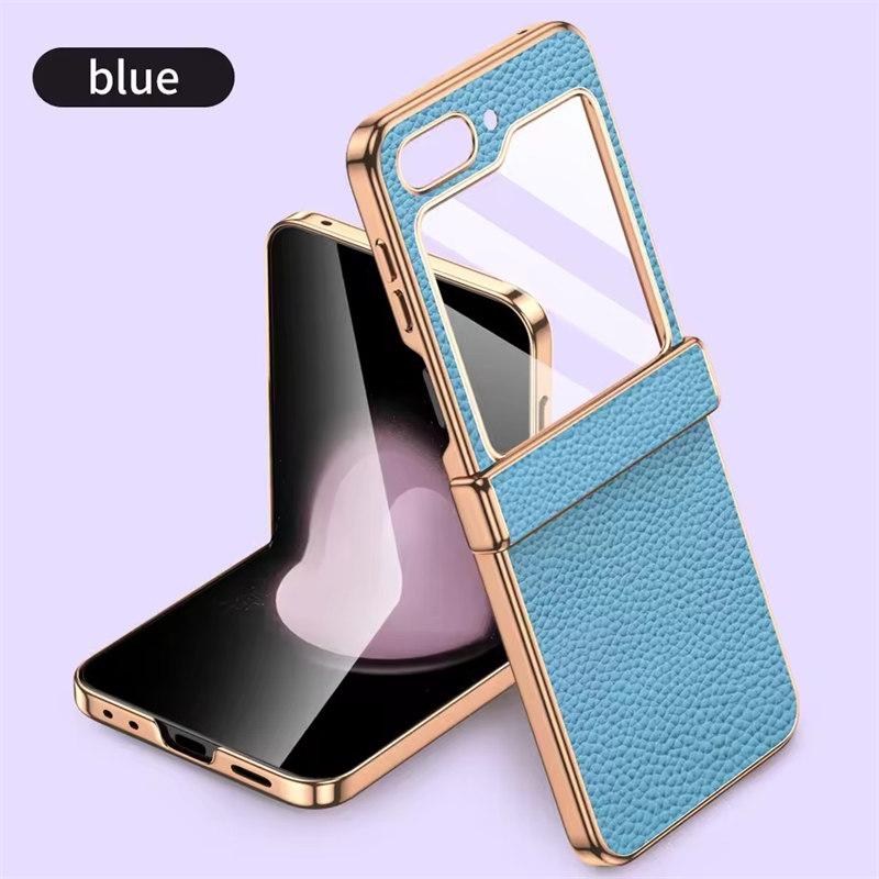 Cowhide Leather Phone Case for Samsung Galaxy Z Flip6 Flip5 Flip 6 5 ZFlip5 Luxury Hinge Protection Cover with Tempered Glass