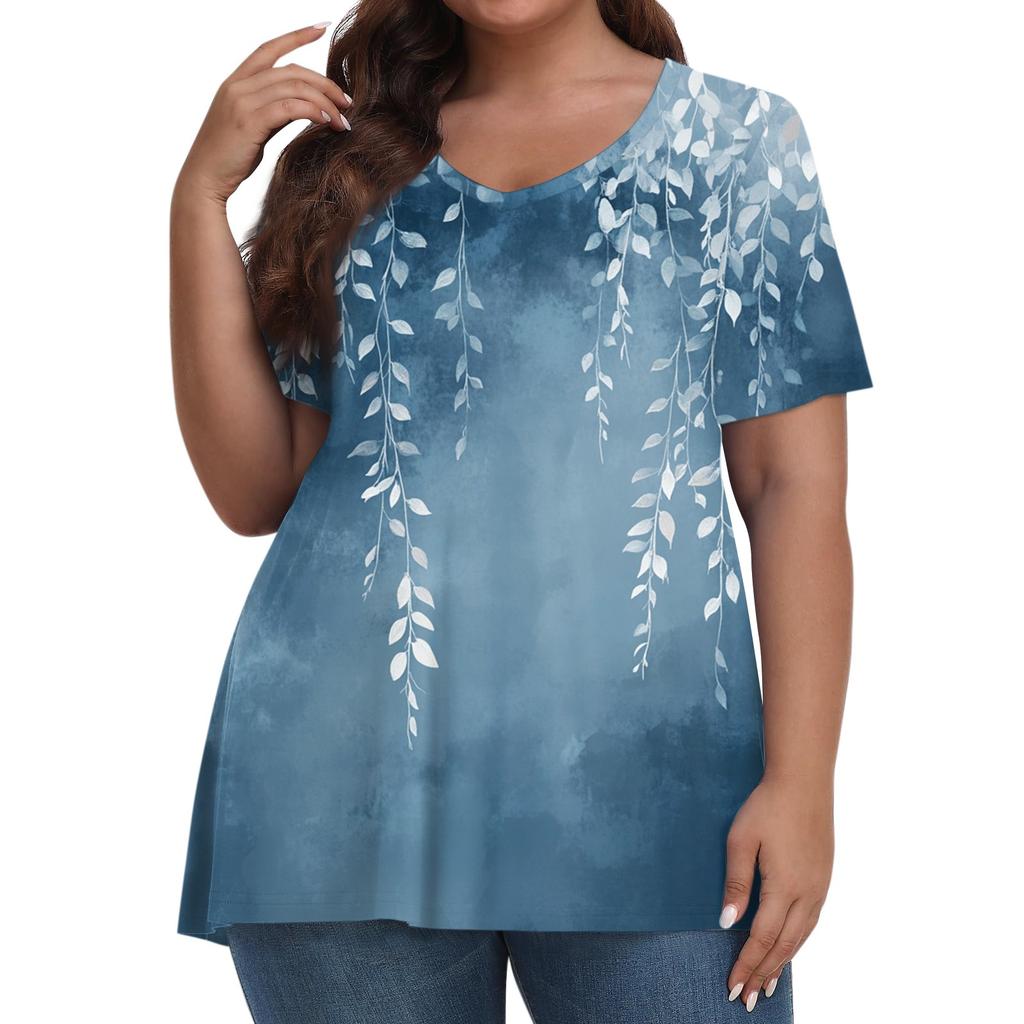 Женская мода повседневная футболка с коротким рукавом и V-образным вырезом большого размера с принтом