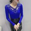 Autumn 2022 Fashion: Slim Fit V-Neck Long-Sleeve Women's Top with Mesh and Sparkling Detailing