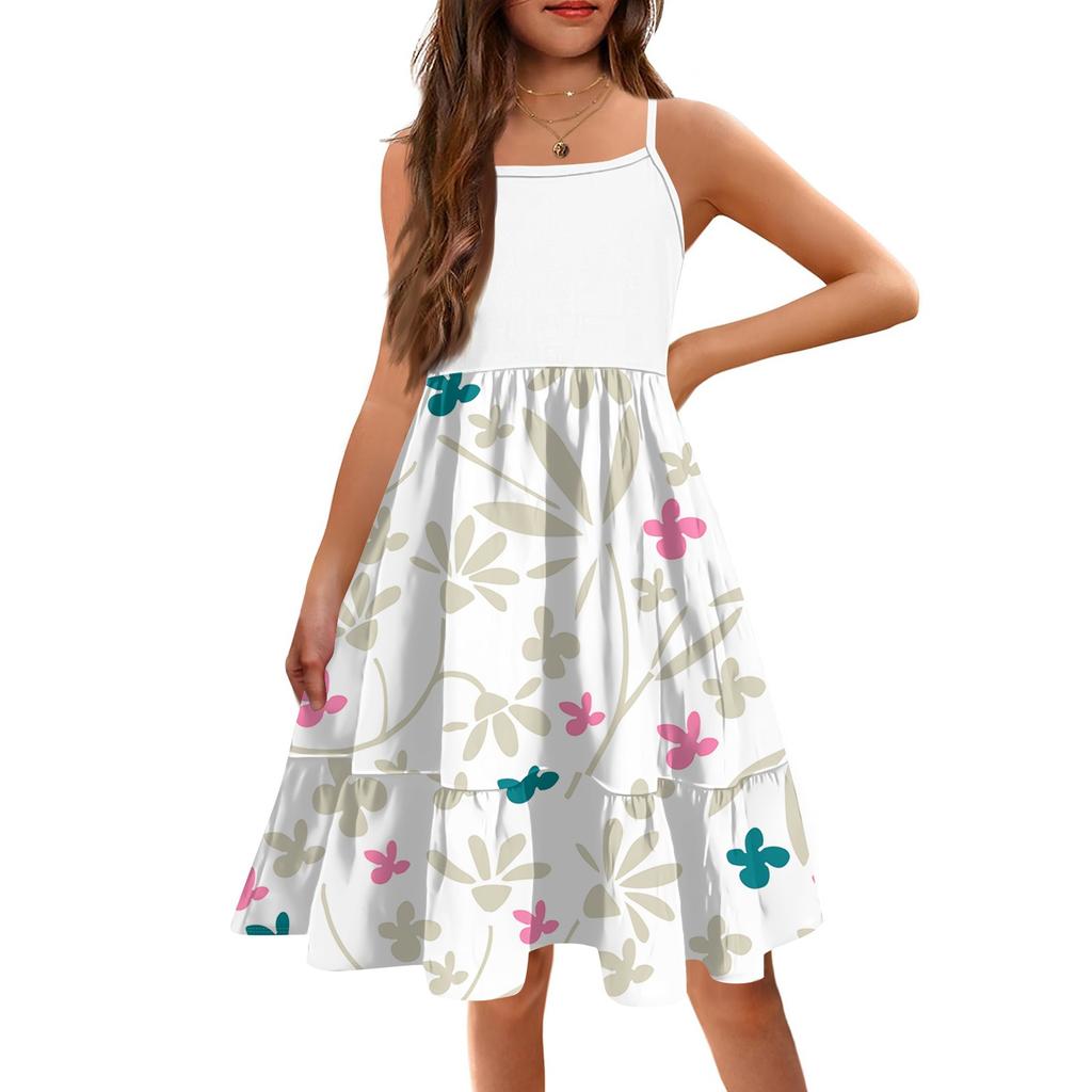 The Summer Children Condole Girls Printed Sleeveless Cute Flower Princess Leisure Dresses