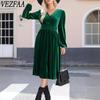 Women's Fashion Fall Winter Solid Color Print Long Sleeve V-Neck High Waist Casual Dresses