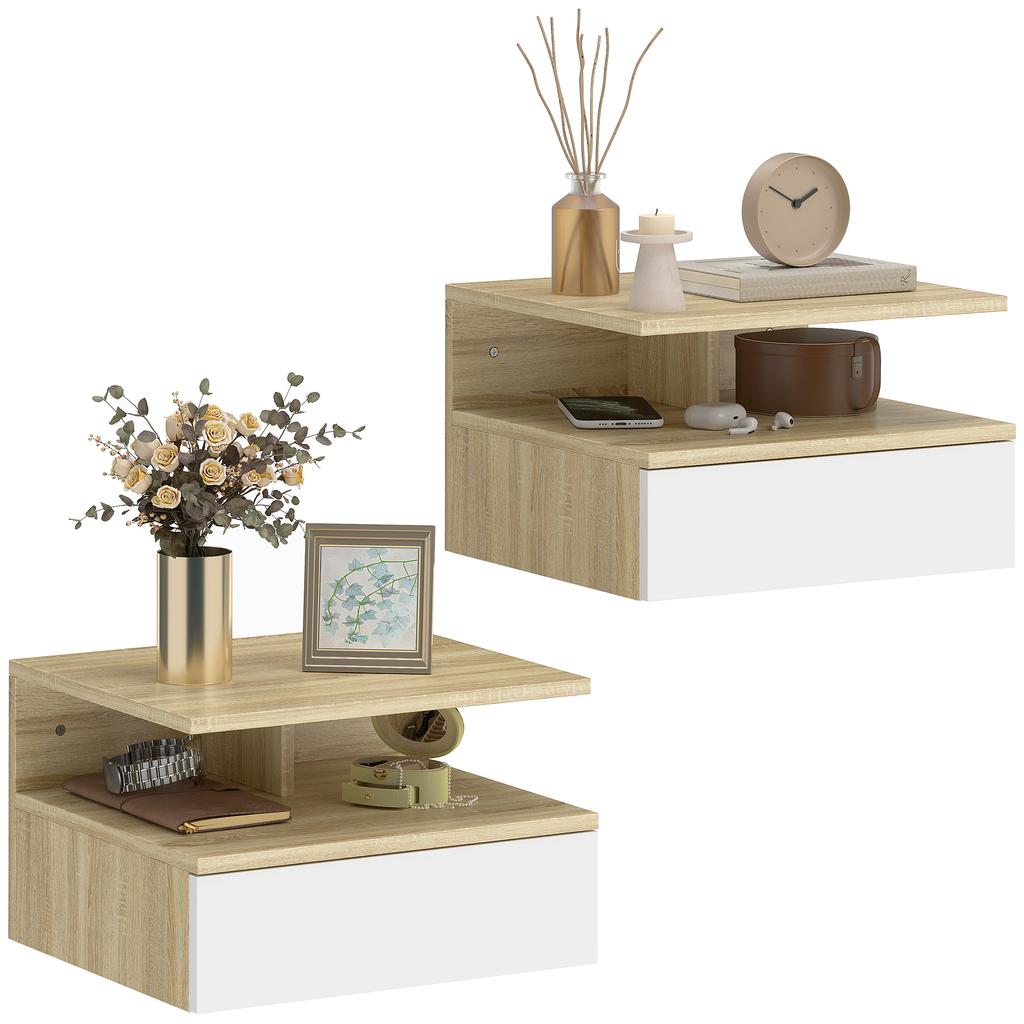 Set of 2 wall-mounted bedside tables, hanging nightstands with drawer, open shelf, 35x32x22.5cm, white and oak