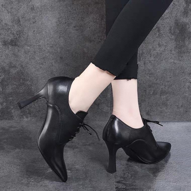 Pointed High Heels Women's Autumn Black First-layer Cowhide Lace-up Stiletto Fashion Shoes Two Kinds of High-depth Single Shoes