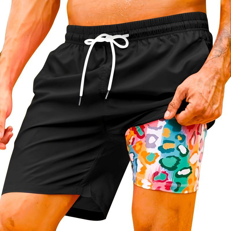Men's Summer Double-layered Shorts Drawstring Swim Trunks Beach Printed Swim Pants with Pocket