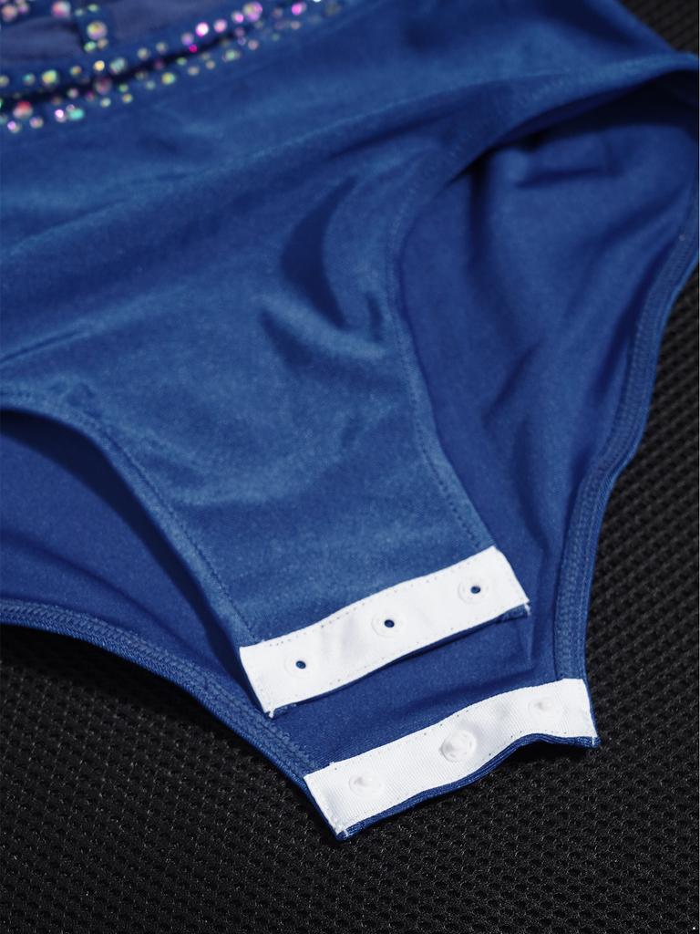 Девочки Блестящие Стразы Длинный Рукав Задняя Невидимая Молния Вырез спереди Гимнастический Купальник Сценический Боди