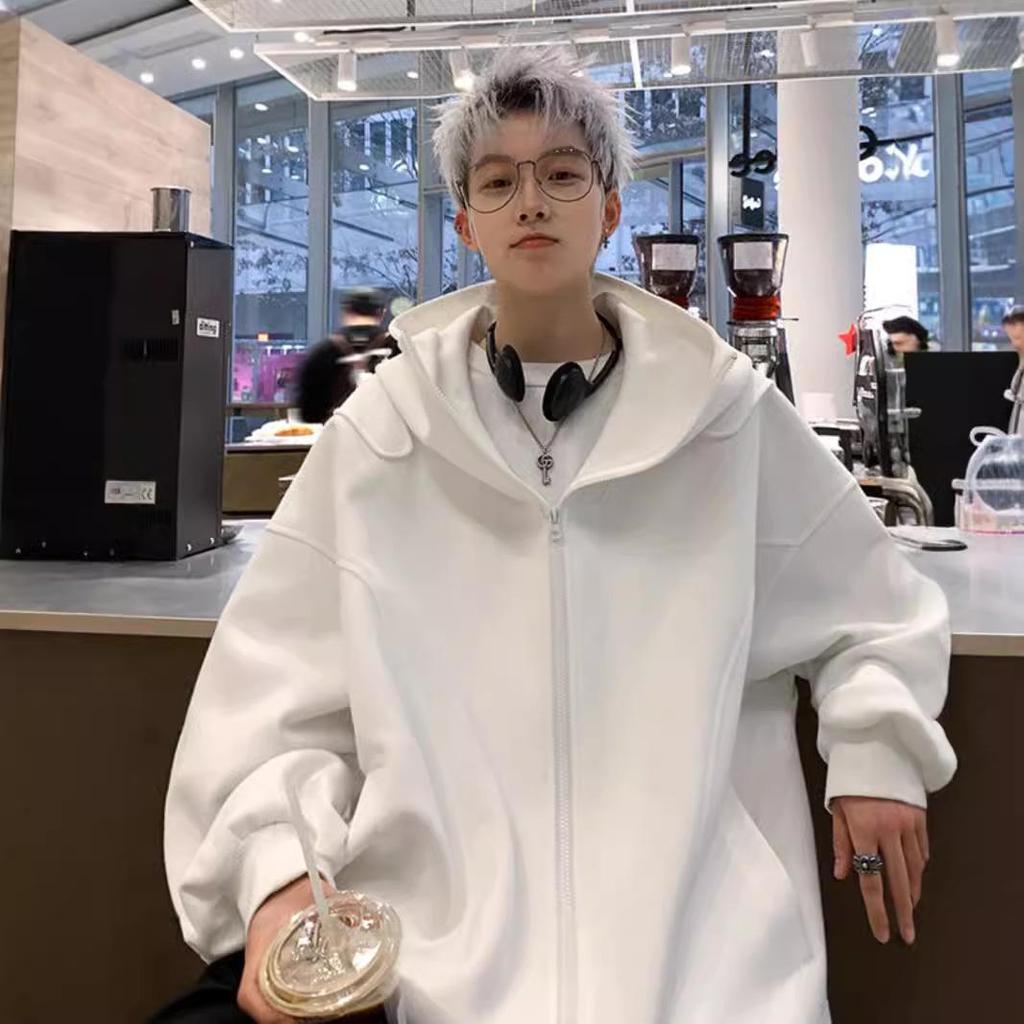 Мужская белая толстовка-кардиган, весна/осень 2024 г., свободная куртка-толстовка с капюшоном в американском стиле