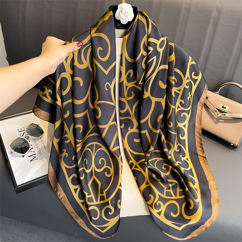 110x110cm Women Silk Square Scarf Hijab Female Design Print Lady Shawl Wraps Foulard Headbands Bufanda Large Bandana Luxury