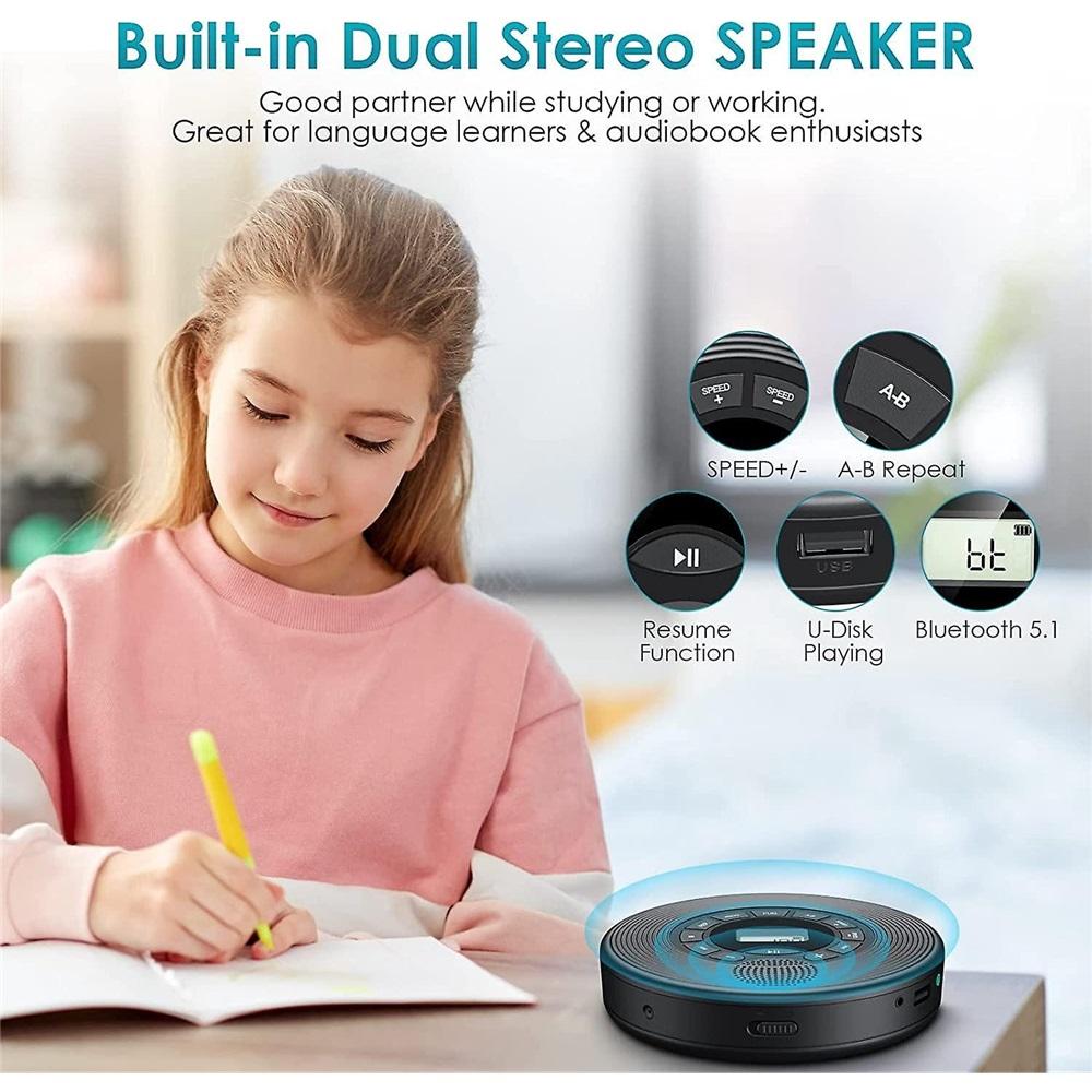 Bluetooth CD player with speakers, rechargeable 1400mAh portable CD player with anti-shock/skip protection