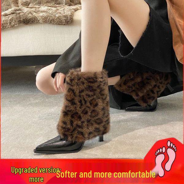 Women's 2025 Autumn/Winter Leopard Print High Heel Ankle Boots with Rabbit Fur