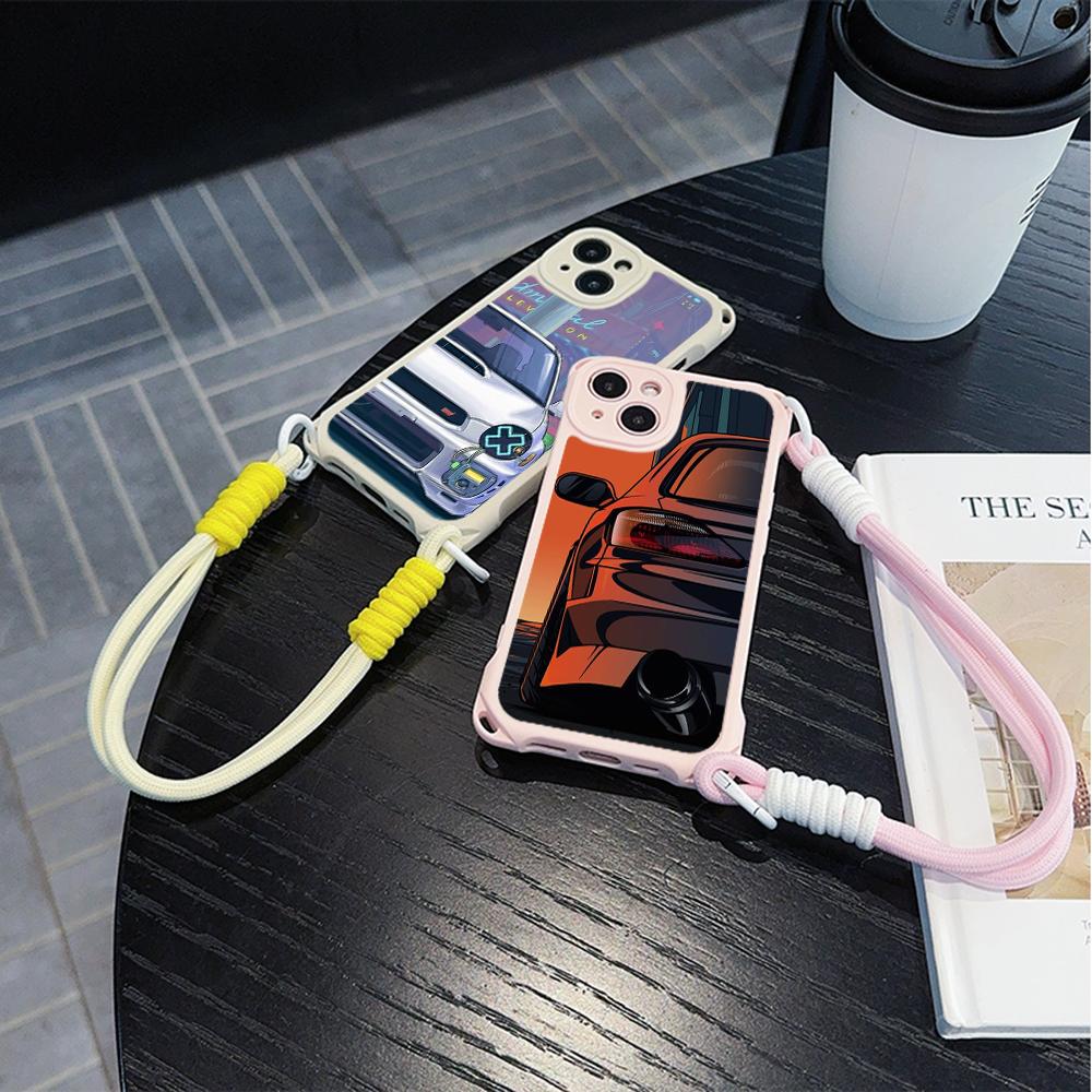 Ae78 Fashion Car Pattern Design Art Soft Phone Cases for iPhone 16 15 14 13 12 11 Pro Max 7 8 XR with Wrist Strap Lanyard Corner Protection Back Cover