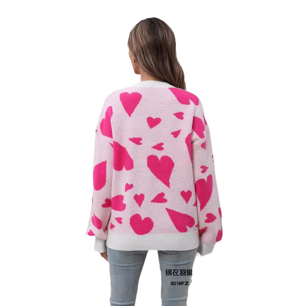 Winter Women's Sweater Love Valentine's Day Pullover Large Peach Heart Color Clash Sweater