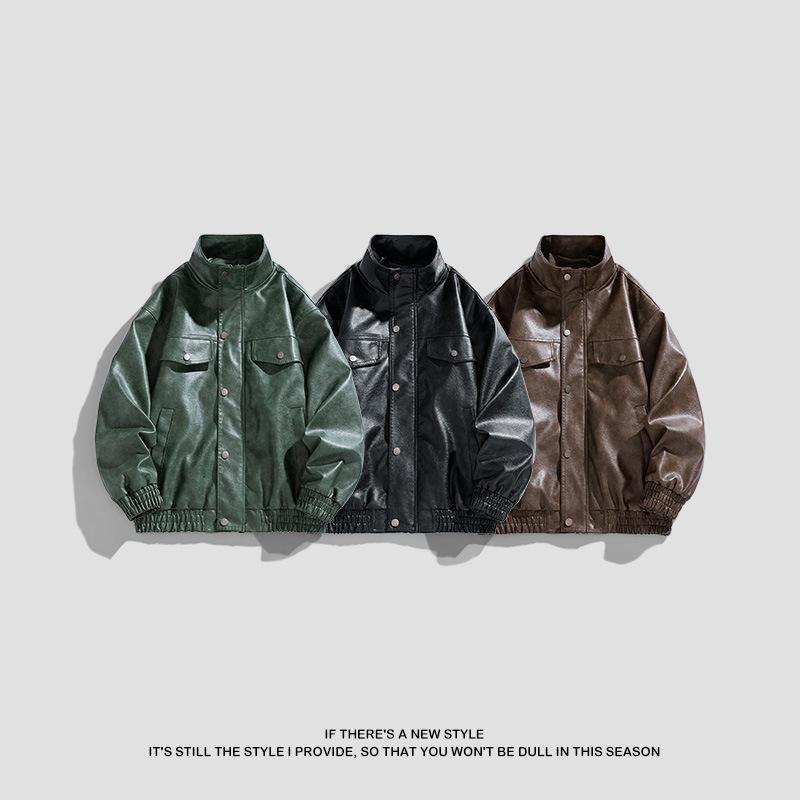 Мужские кожаные куртки Модные куртки с воротником-стойкой Повседневные Весна и Осень Новые свободные мужские мотоциклетные кожаные куртки Мужские топы
