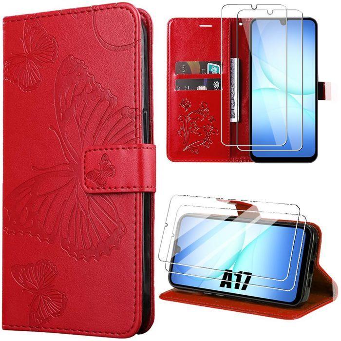 Coque de Protection - BOOLING - pour Samsung Galaxy A17 5G/4G - Cuir PU Papillon Rouge - 2 Verres Trempés