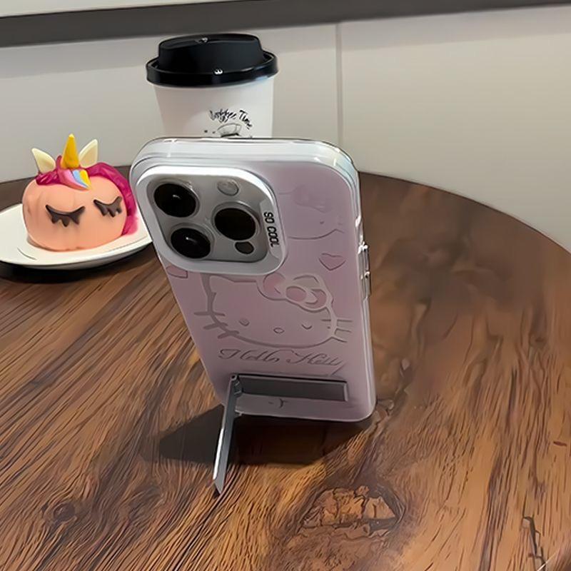 Luxury Pink Hello Kitty With Bracket Phone Case For iPhone 16 15 14 13 12 11 ProMax XR XS 7 8 Plus Soft Anti Drop Silicone Cover