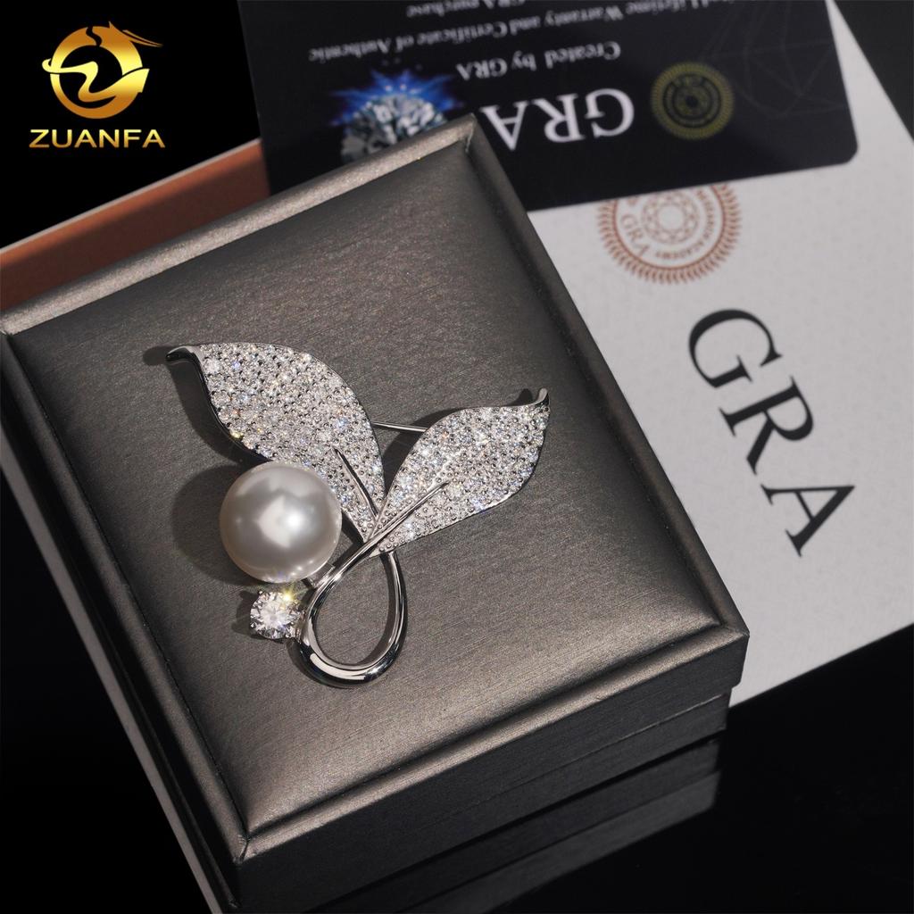 GRA Certificate Moissanite High Quality 925 Silver Pearl Leaf Women's Custom Brooch Pin Brooches