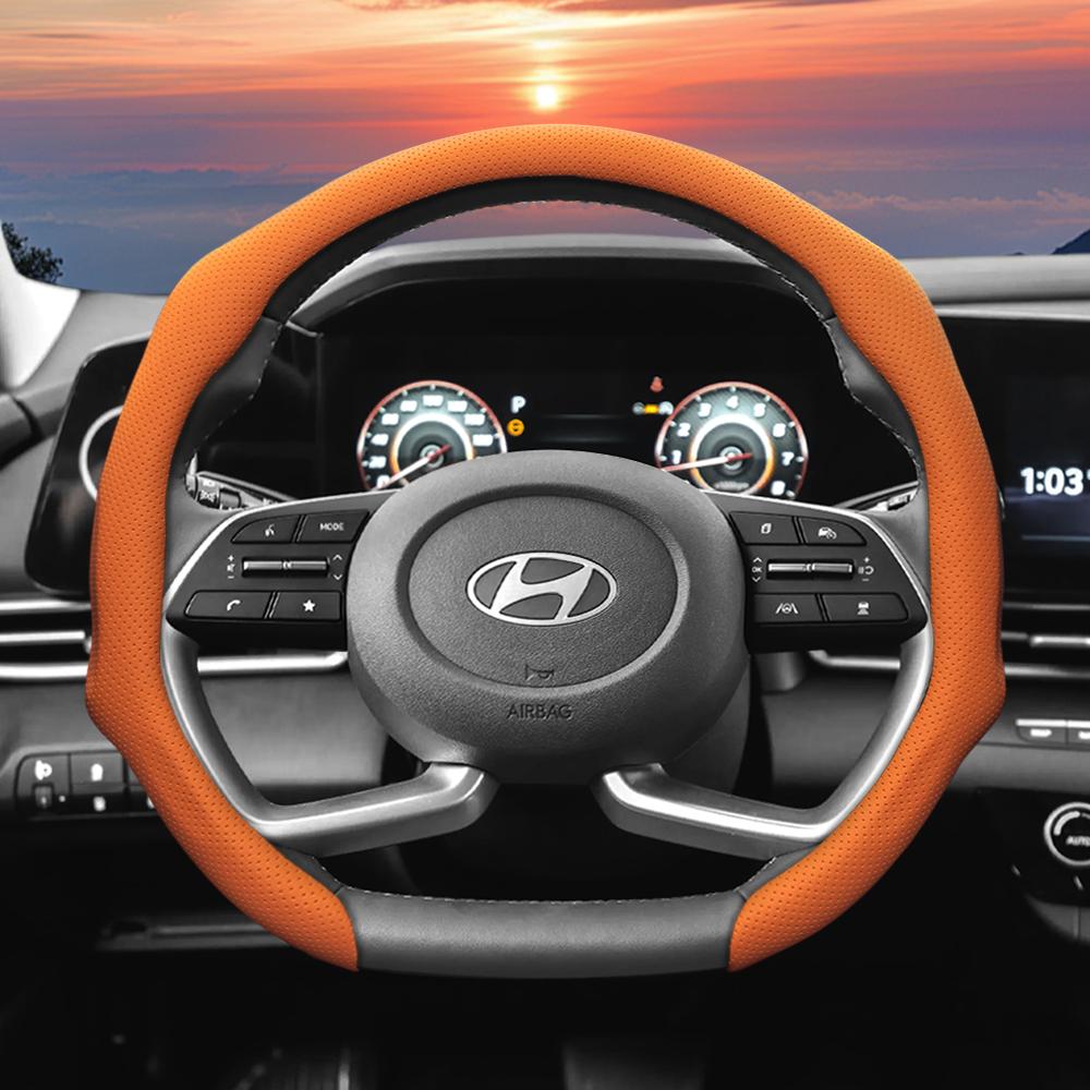 Подходит для Hyundai, Кожаная перфорированная накладка на рулевое колесо, Нескользящая, Впитывающая пот, Дышащая, Интегрированный защитный чехол Elantra N Sonata Ioniq