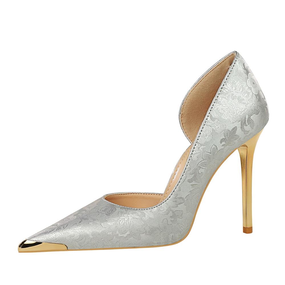 Banquet National Style Women's Shoes High Heels Thin Heel Shallow Mouth Side Hollow Satin Metal Pointed Single Shoes