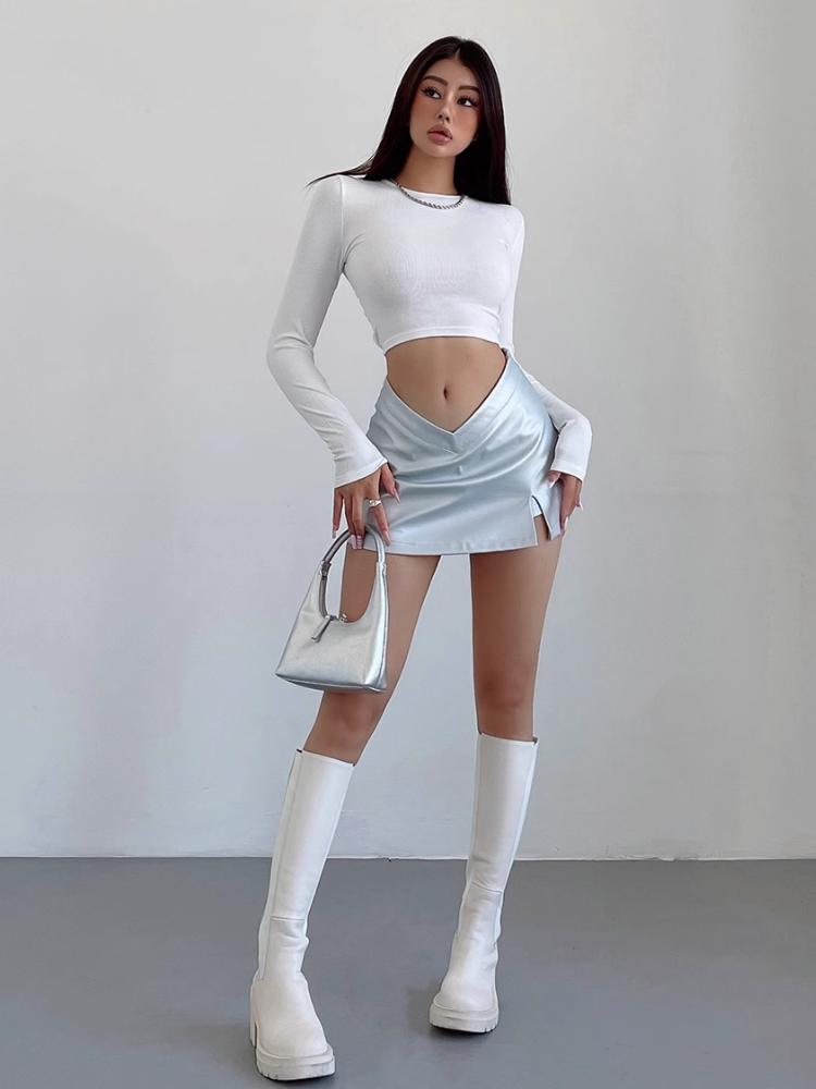 Silver PU Leather Skirt Women Y2k Sexy Slim Female Clothing Gothic V High Waist Slit Casual Short Skirts Streetwear