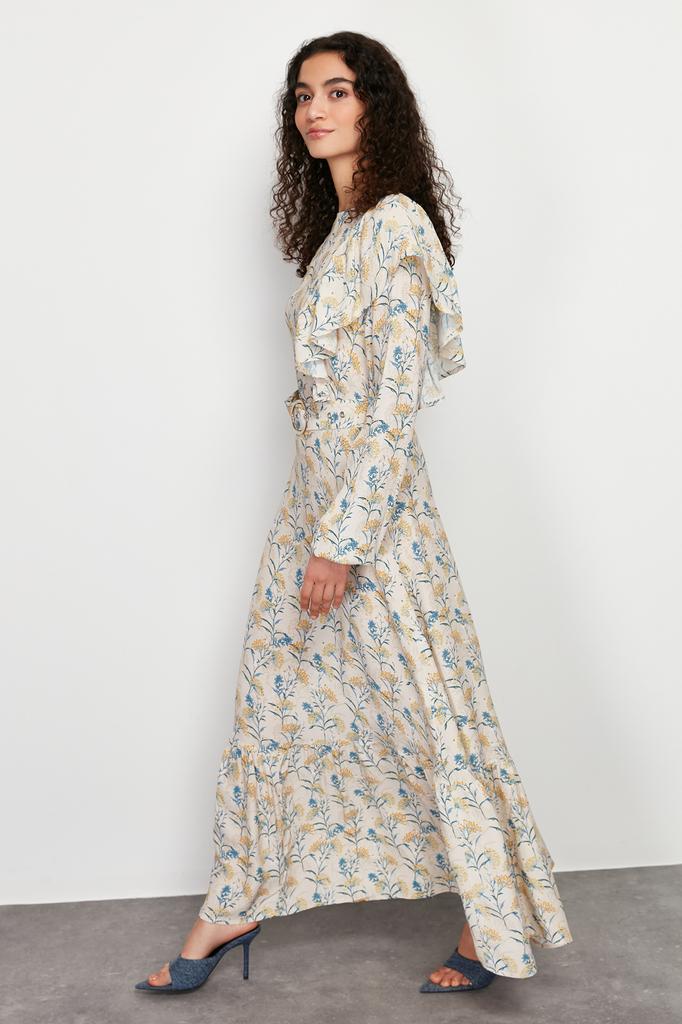 Women's Hijab Dress New Season Fashion Stone Floral Lined Ruffle Detailed Belted Woven Dress