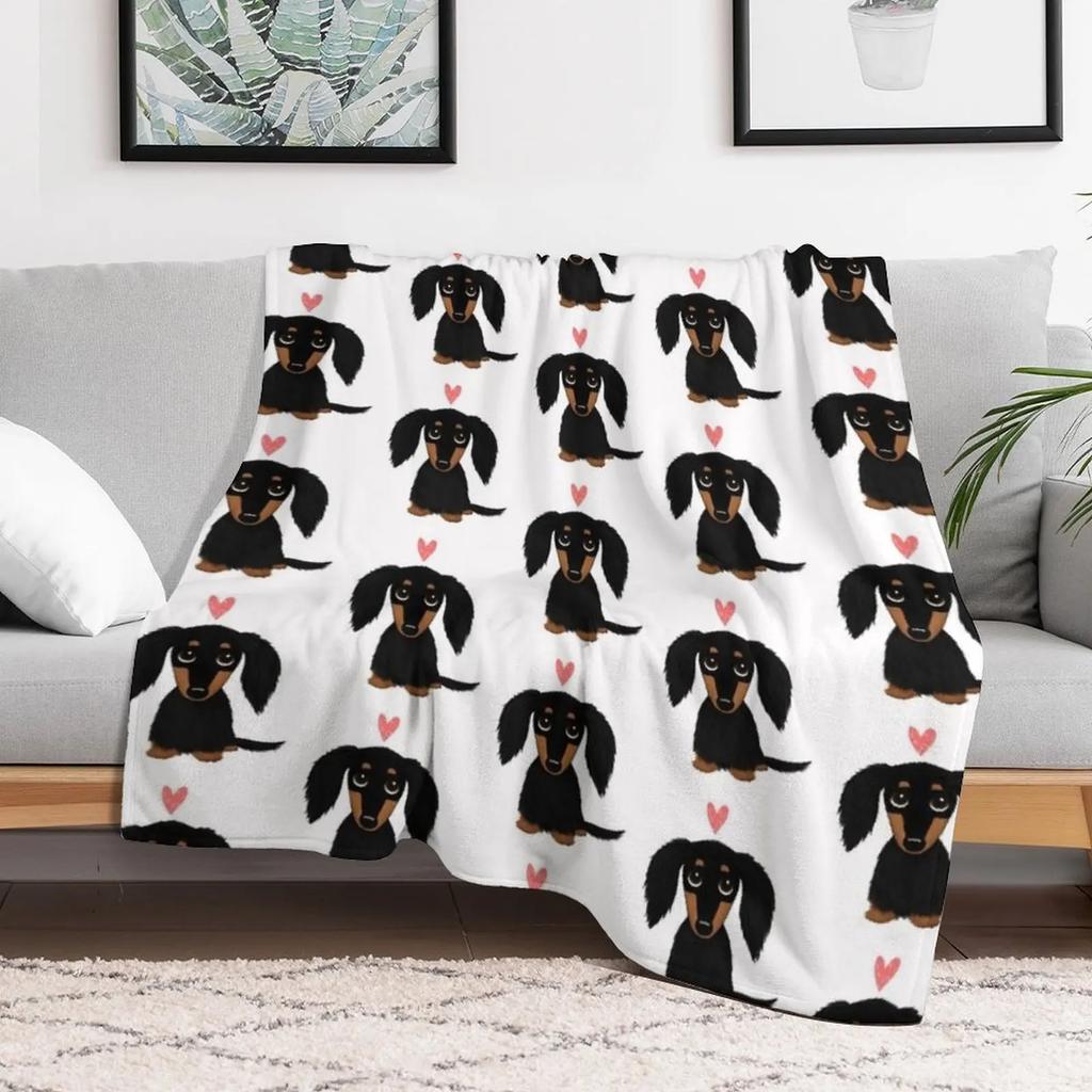 Black and Tan Longhaired Dachshund Cartoon Dog with Heart Throw Blanket Elegant Warm Throw Blanket for Hotel Home
