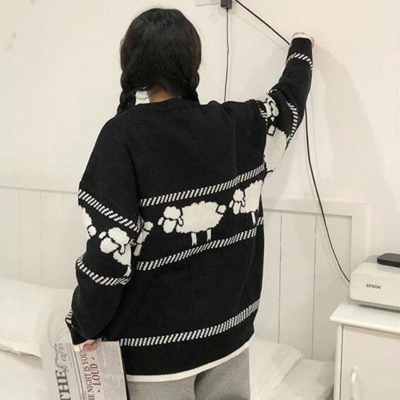 Утепленные вязаные свитера с овечьим принтом, женские повседневные шикарные кавайные пуловеры с круглым вырезом большого размера, зимние теплые пуловеры