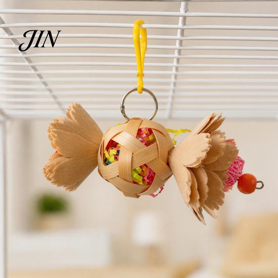 Natural Bamboo Bird Toy Shredder Ball Parrot Toy, Foraging with Paper Non-toxic Strips, Shredding for Parakeet Conure Cockatiel Lovebird Dried