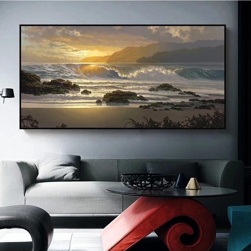 Пейзаж с закатом и пляжем, настенная живопись на холсте, скандинавский постер и принт, морская волна, морской пейзаж, настенная картина, домашний декор, Cuadros
