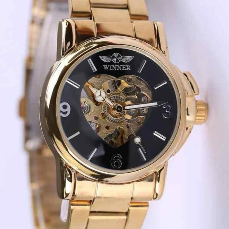 WINNER New Women Luxury Top Brand Automatic Mechanical Watch Golden Skeleton Love Stainless Steel Fashion Ladies Wrist Watch