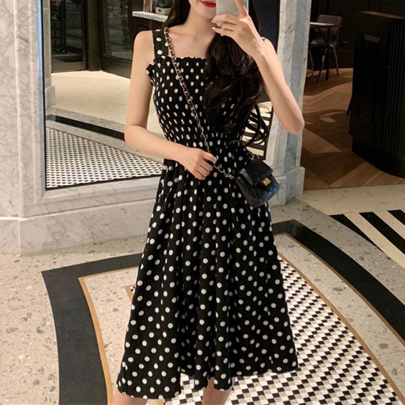 Fashion Women Loose None Sleeve Polka Dot Shoulder Plus Size Casual Dress