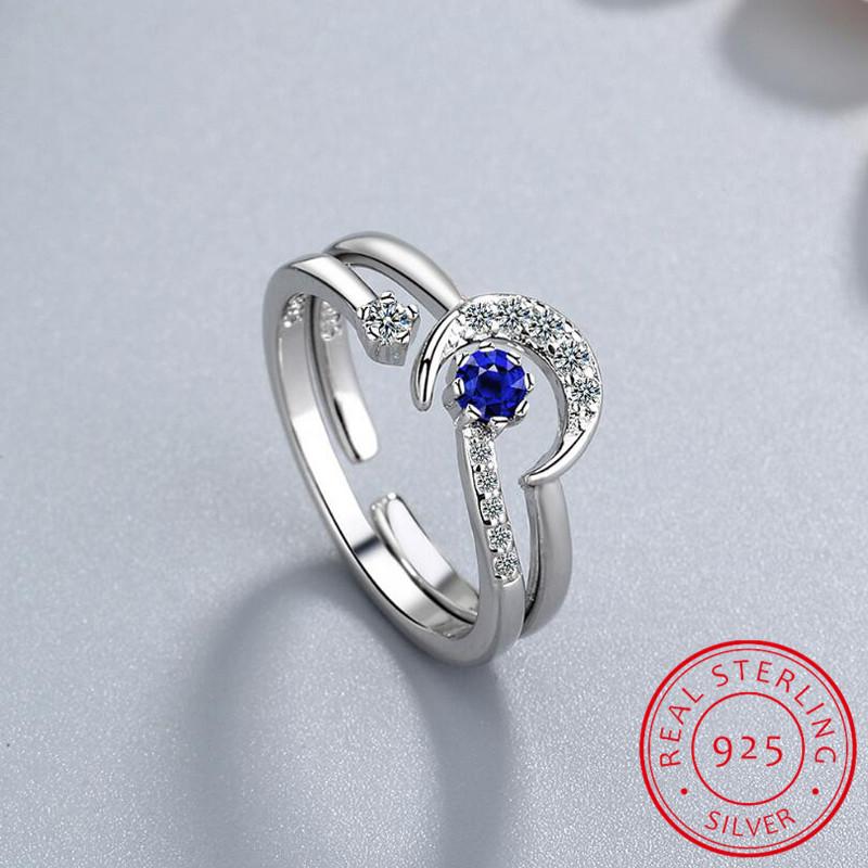 925 Sterling Silver Fashion Moon Star Open Finger Ring With Blue Zircon Embellished Jewelry For Women Wedding Party Gifts