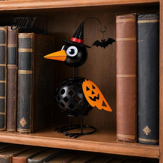 Spooky Halloween Decor Metal Crow Pumpkin Figurine, Wrought Iron Raven Statue with Witch Hat, Scary Ornament LED Candle Holder Lantern for Garden