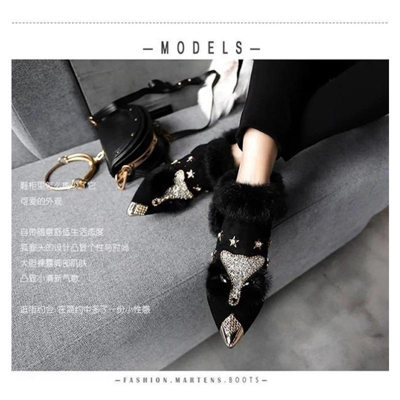 Женские ботильоны с кристаллами в виде головы лисы, женские сапоги, зимняя мода, металлический острый нос, пушистый плюш, высокий каблук, женская обувь для свадебной вечеринки