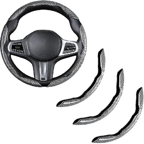 Carbon Fiber Steering Wheel Cover, Snap On Car Steering Wheel Cover Set Accessories 3Pcs Wrap Grip Non Slip Protector Universal Glossy Black