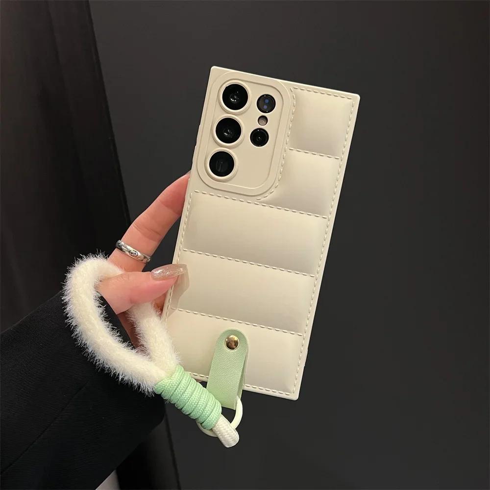 Down Jacket Lanyard Case for Samsung Galaxy S24 S23 S2 S26 Ultra S22 Plus S21 S20 FE A4 A A1 Hand Wrist Strap Cover