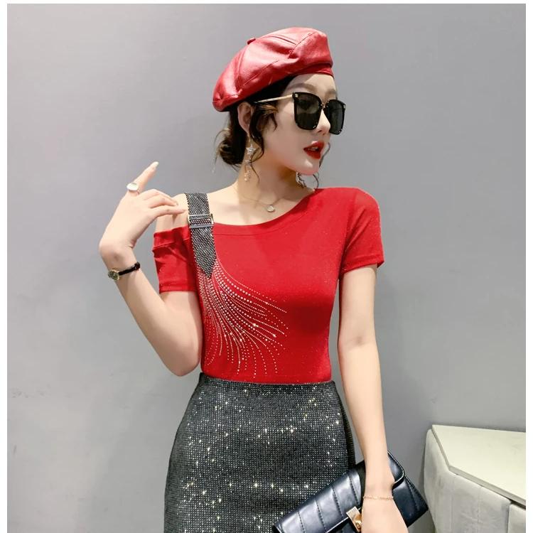 Летняя мода Европейская женская одежда Футболка Сексуальная с открытыми плечами Блестящие бриллианты Сетка Женские топы На все случаи жизни Футболки Блузка