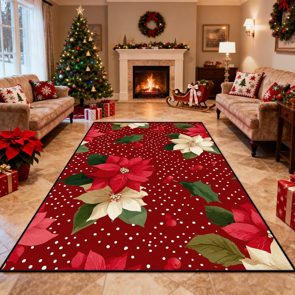Red Christmas Poinsettia Candy Soft Living Room Carpet Decoration Bedroom Fireplace Washable Rug Antiskid Short Velvet Floor Mat